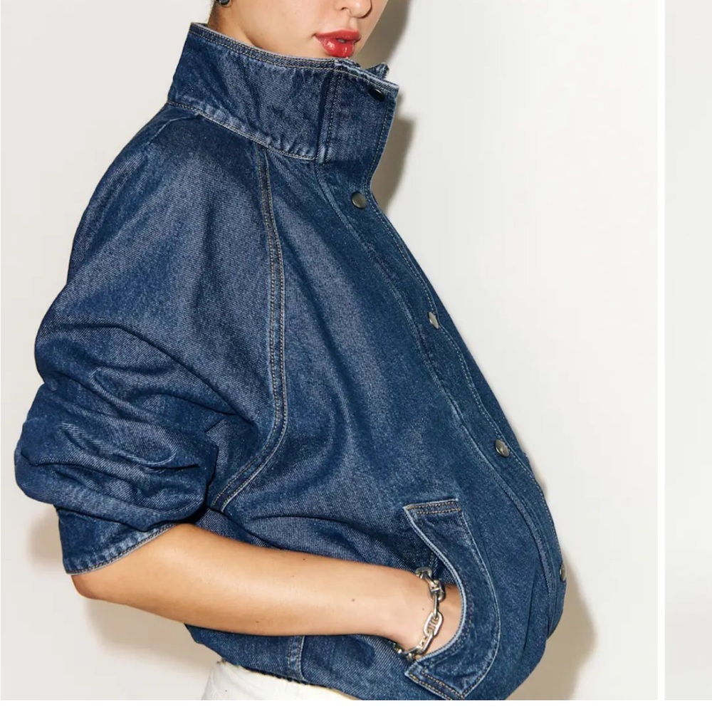Reformation Mette Lived-in Denim Bomber Jacket Blue - Size S